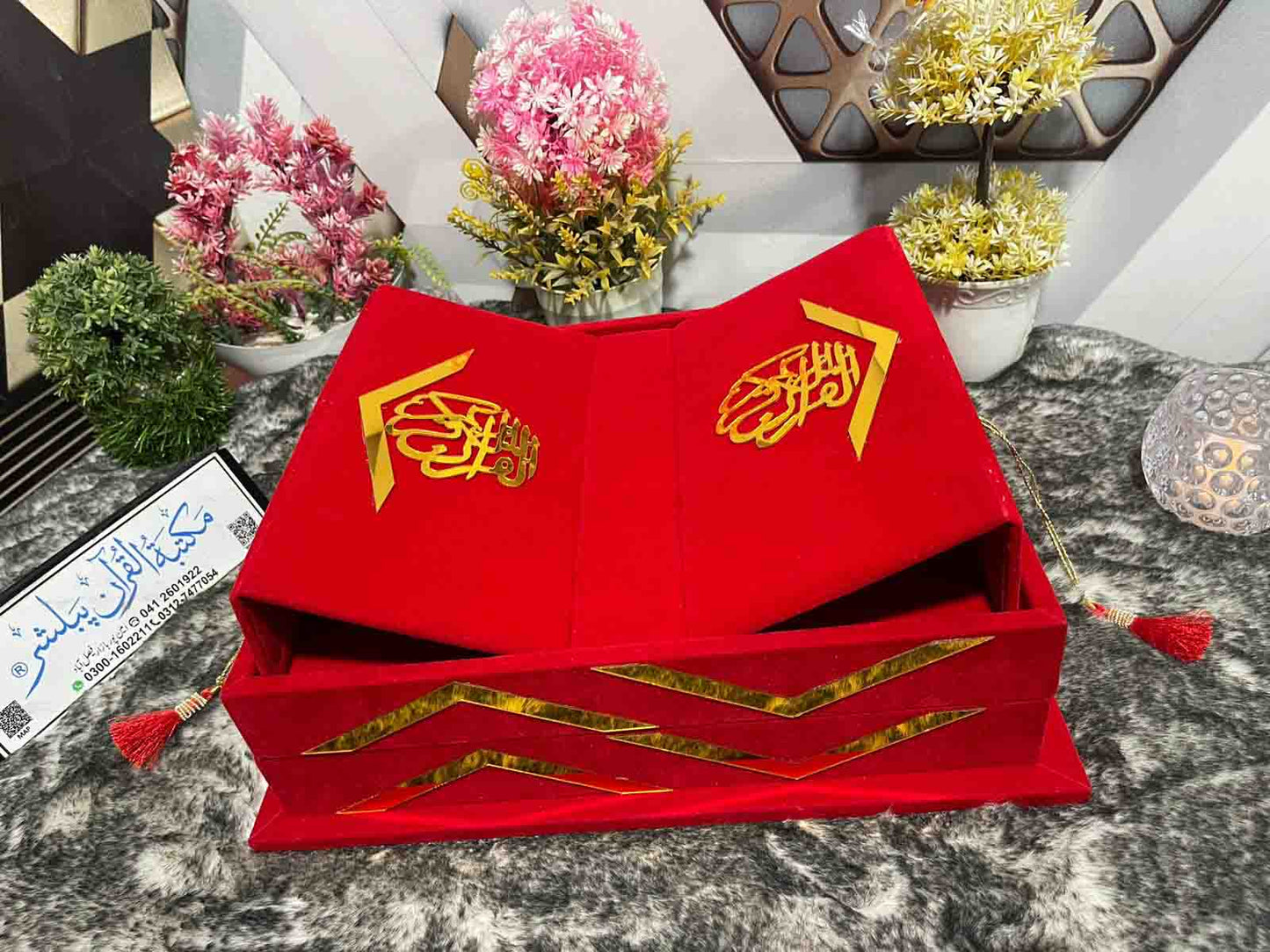 Red bridal Quran set with tasbeeh, bookmark, and attar
