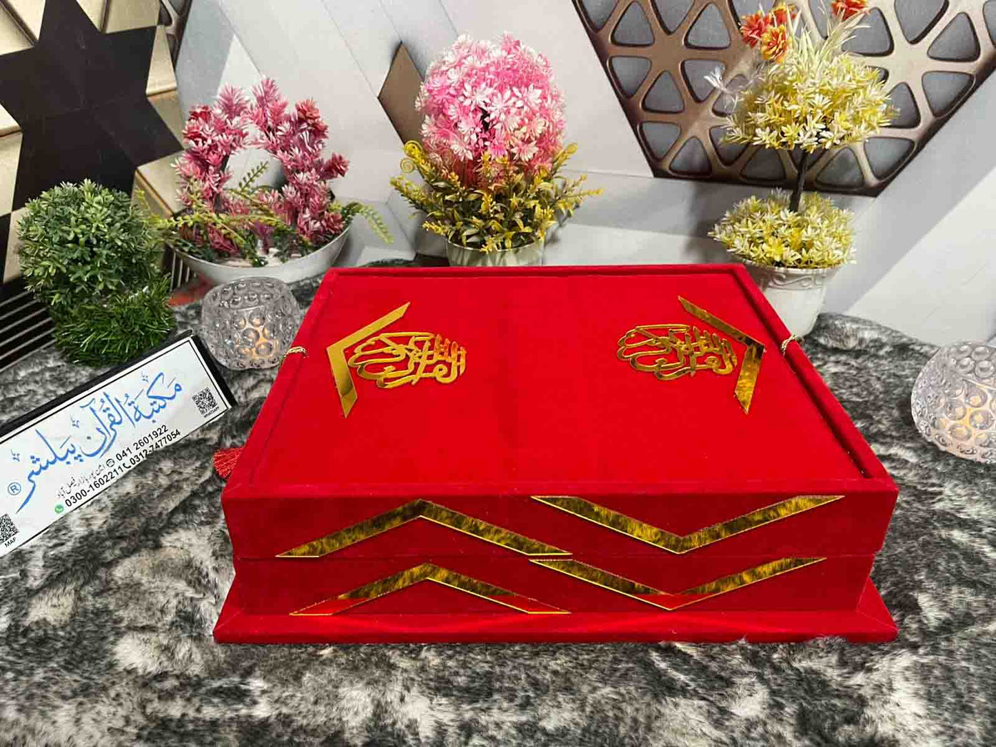 Red bridal Quran set with tasbeeh, bookmark, and attar